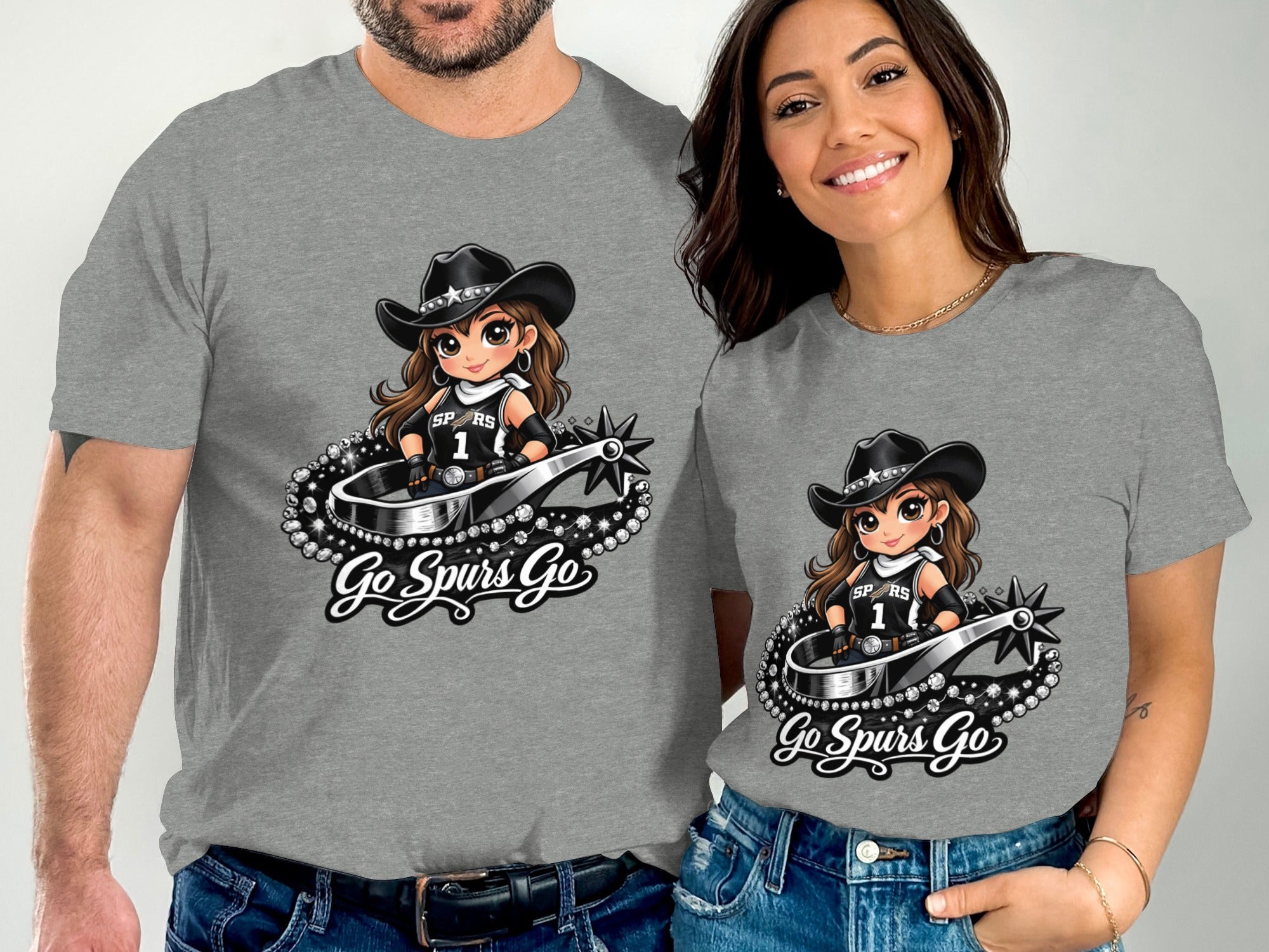 Chibi graphic of a woman in a cowgirl hat and Spurs jersey with "Go Spurs Go."