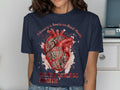 Navy t-shirt with watercolor heart art: "Listen to Your Heart" and "Heart Disease Month".