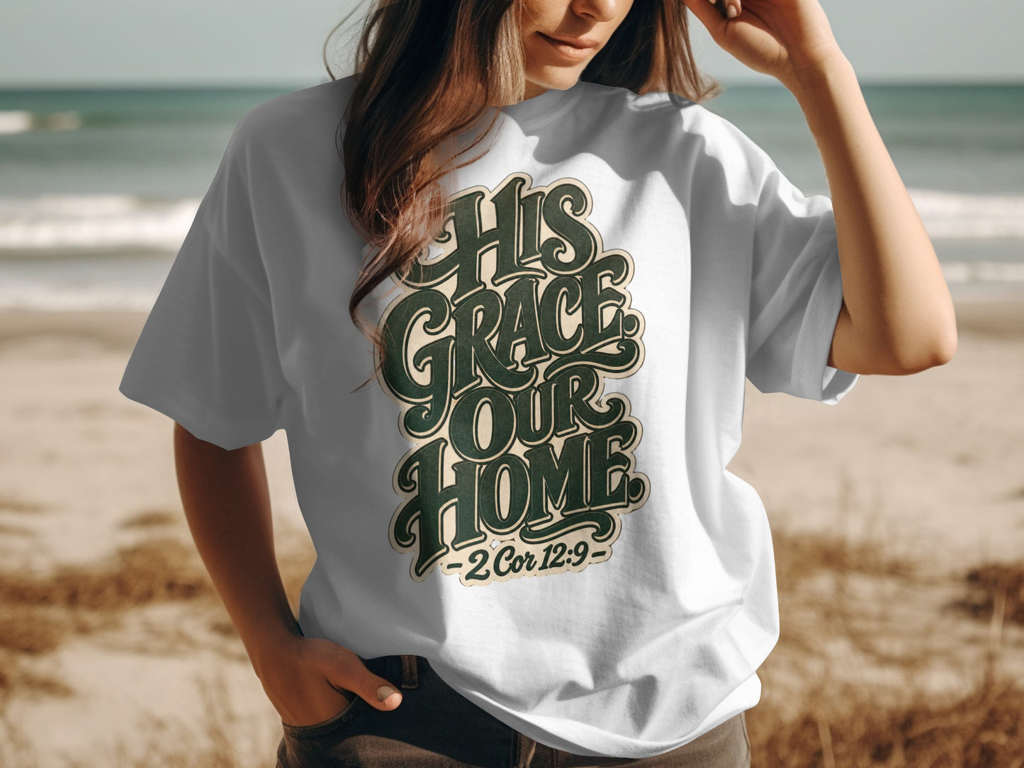 White t-shirt with "His Grace Our Home" text and "2 Cor 12:9" scripture.