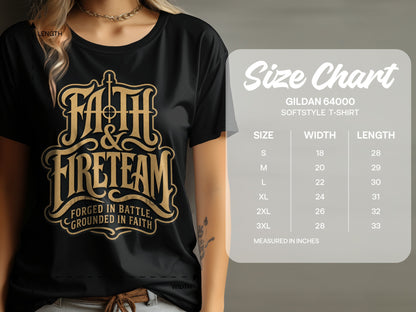 Black Gildan softstyle t-shirt with gold "Faith & Fireteam" graphic and size chart.
