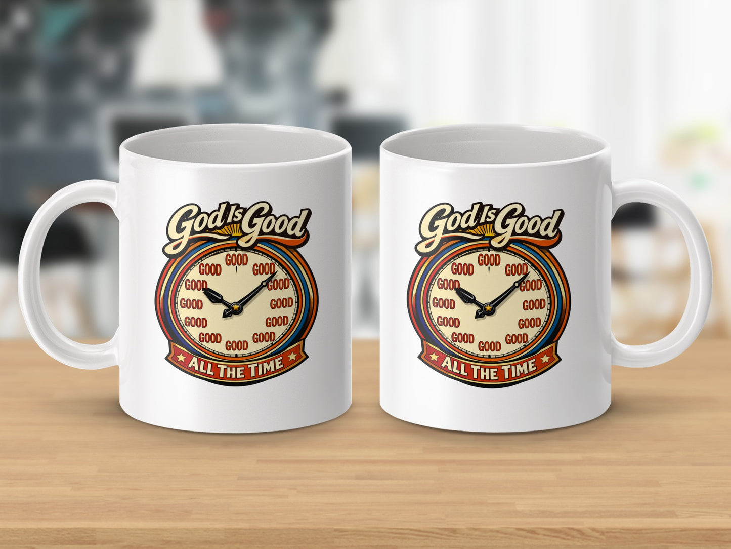White mugs with "God is Good All The Time" text and clock design.