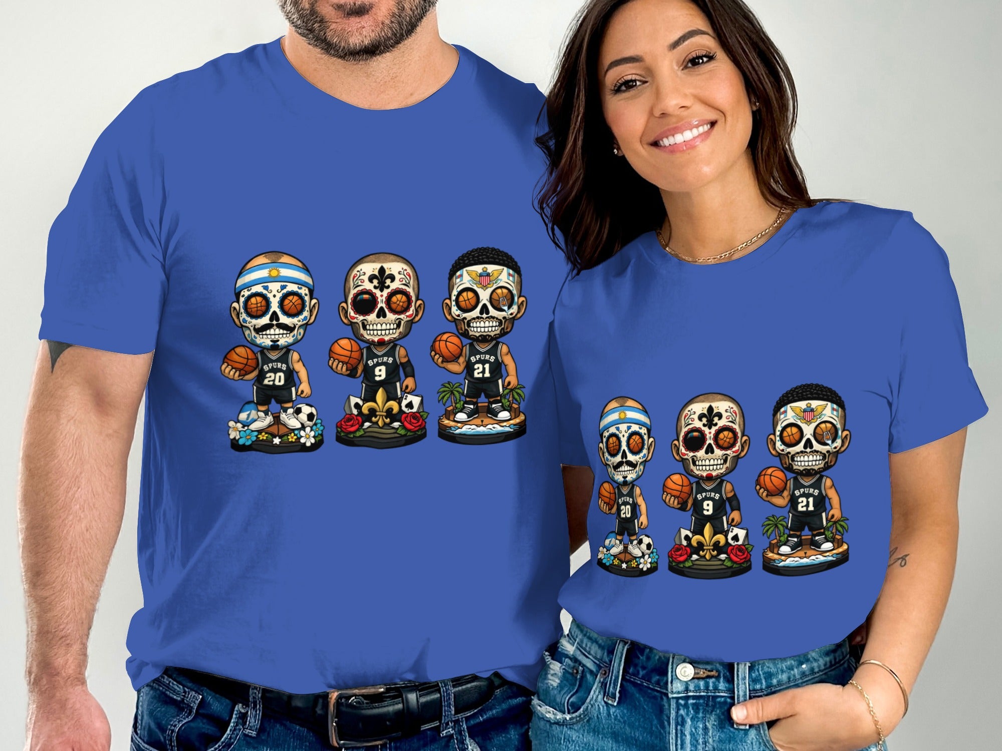 Two people in blue t-shirts showing skeletal basketball players with numbers 20, 9, and 21.