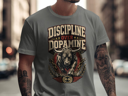 T-shirt with bull graphic and text "Discipline Over Dopamine."