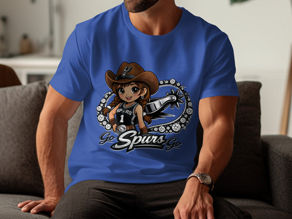 Chibi cowgirl with Spurs logo and "Go Spurs Go" text on blue t-shirt.
