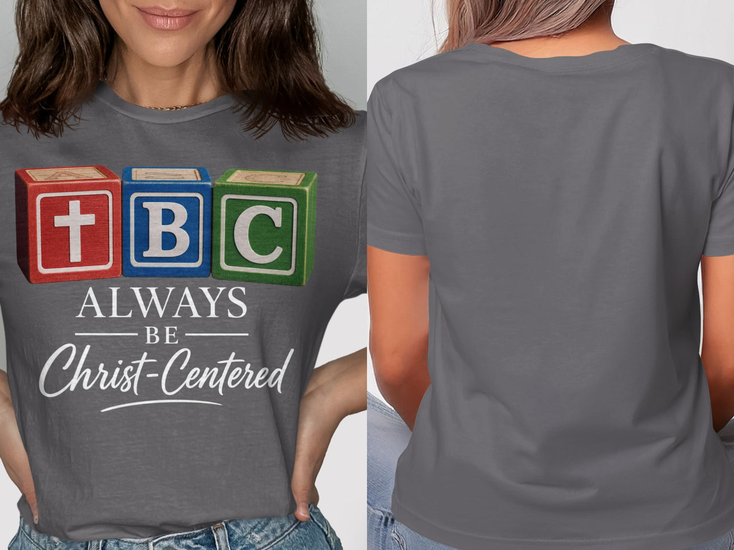 Grey t-shirt with blocks spelling TBC and "Always Be Christ-Centered" text.