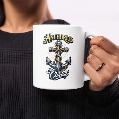 White mug with "Anchored in Christ" text and an anchor graphic.