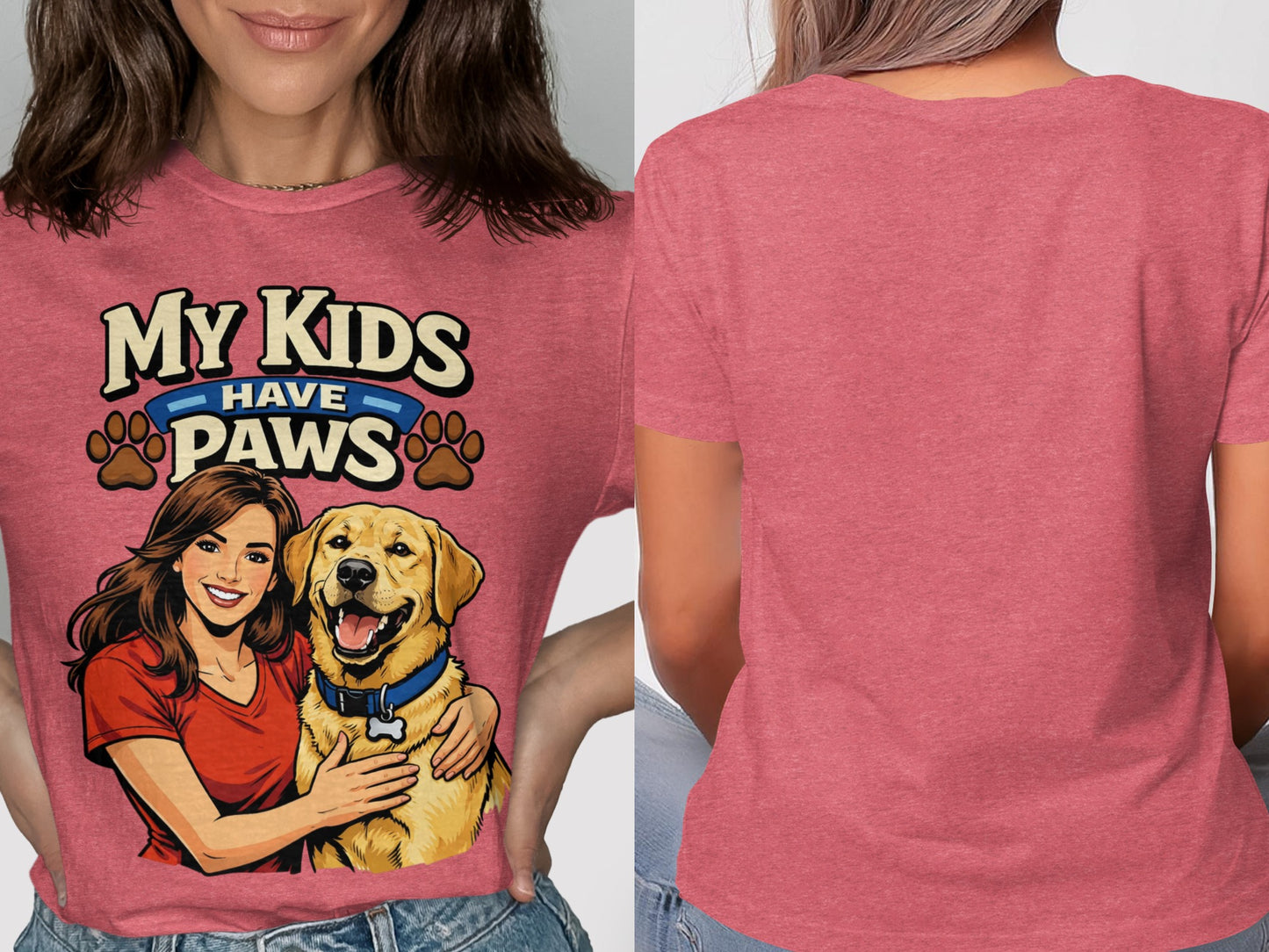 Red t-shirt with "My Kids Have Paws" text and woman hugging a golden retriever.