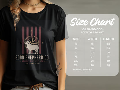 Black t-shirt with Good Shepherd Co. logo and Gildan 64000 Softstyle t-shirt size chart.