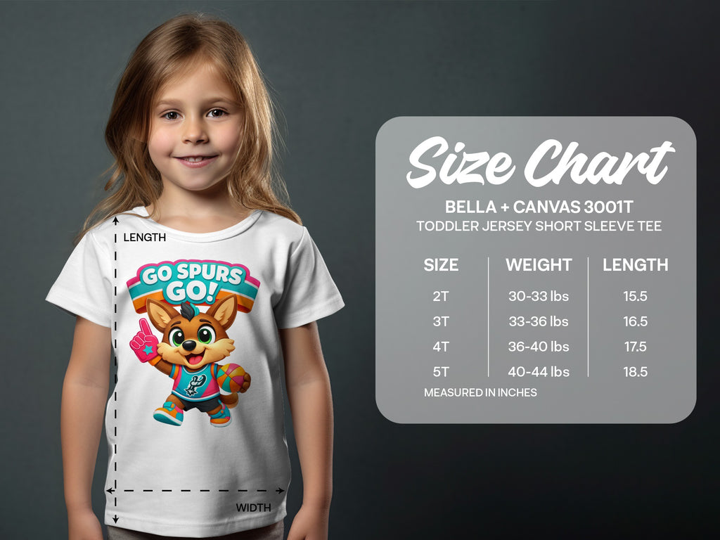 Toddler t-shirt featuring cartoon fox mascot; size chart details.