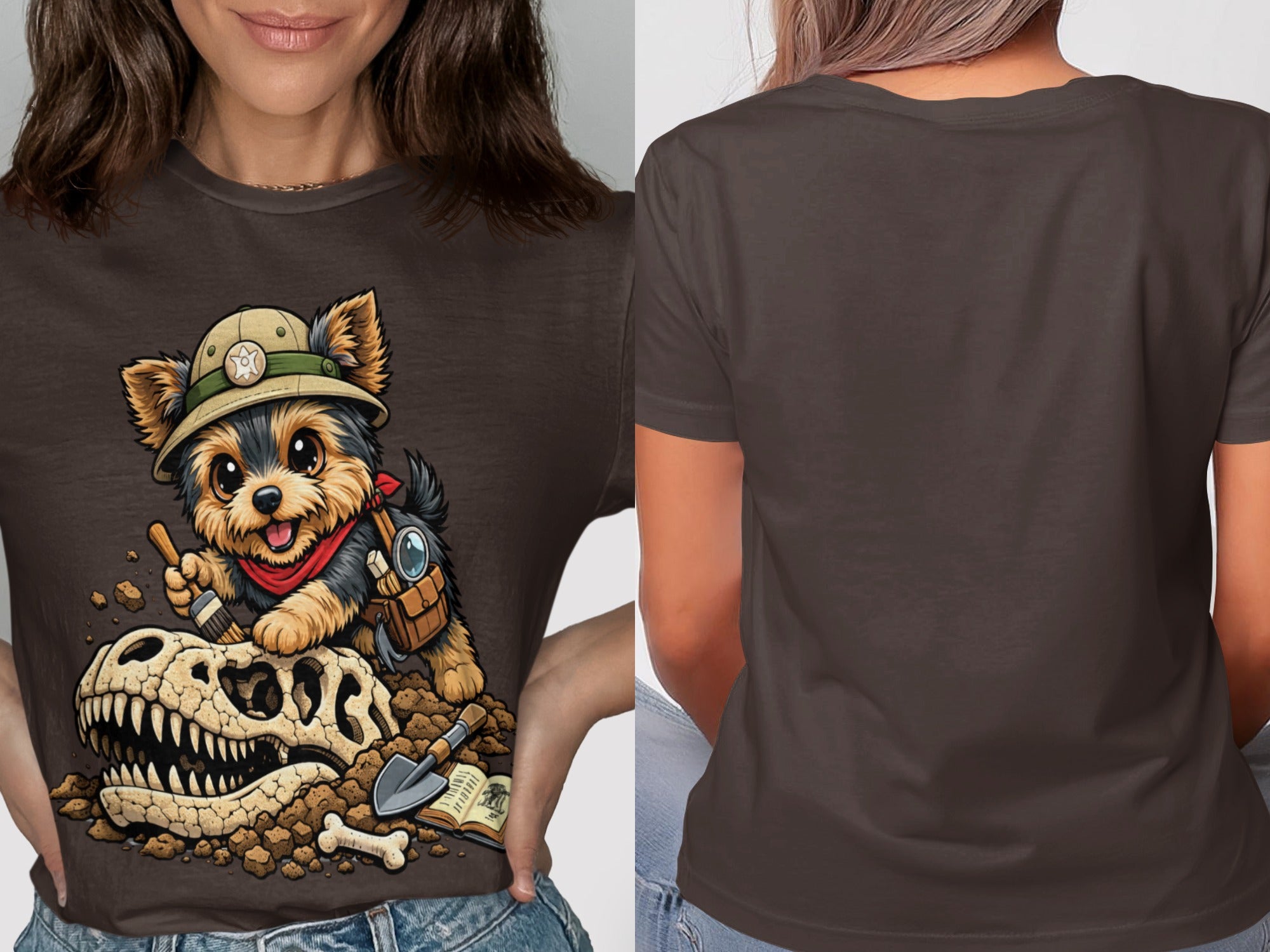 Yorkshire terrier in explorer hat brushes dinosaur skull with archaeology tools.