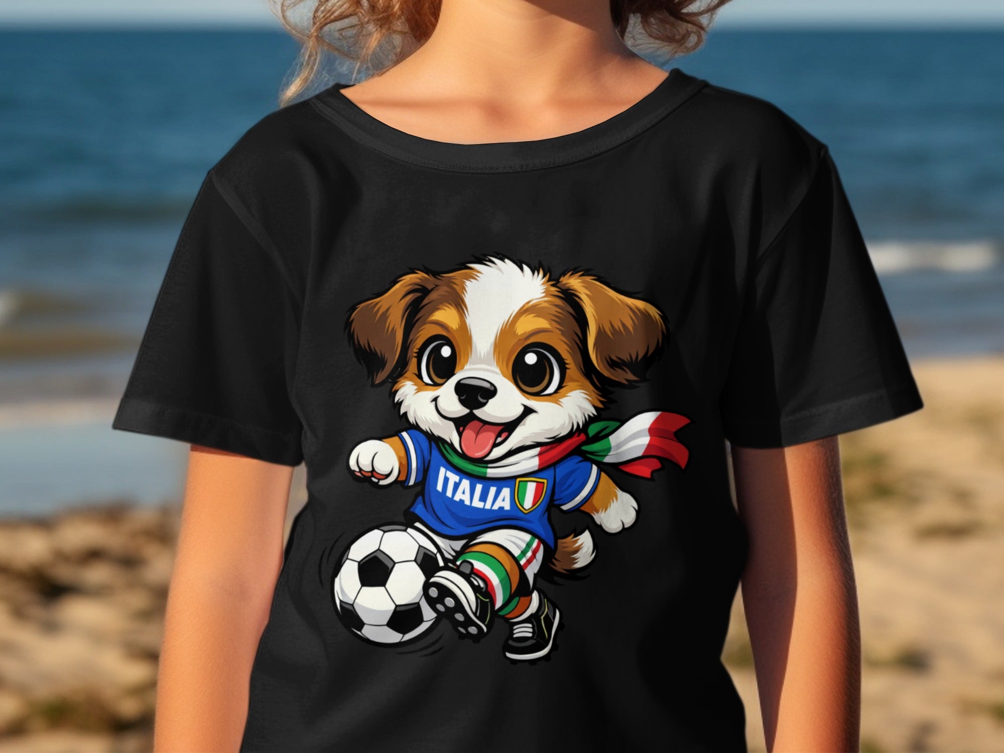 Chibi dog wearing Italy soccer jersey and scarf kicking a soccer ball.