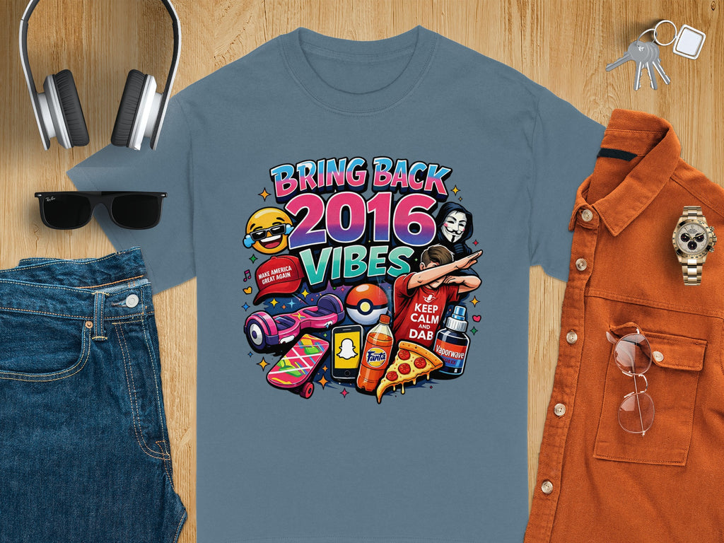 T-shirt with "Bring Back 2016 Vibes" graphic and 2016 pop culture items.