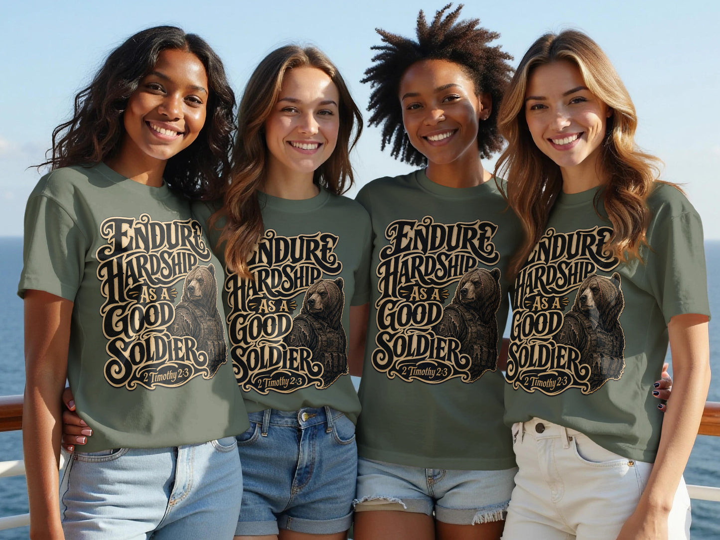 Four women wear olive green t-shirts with "Endure Hardship As a Good Soldier 2 Timothy 2:3" design.
