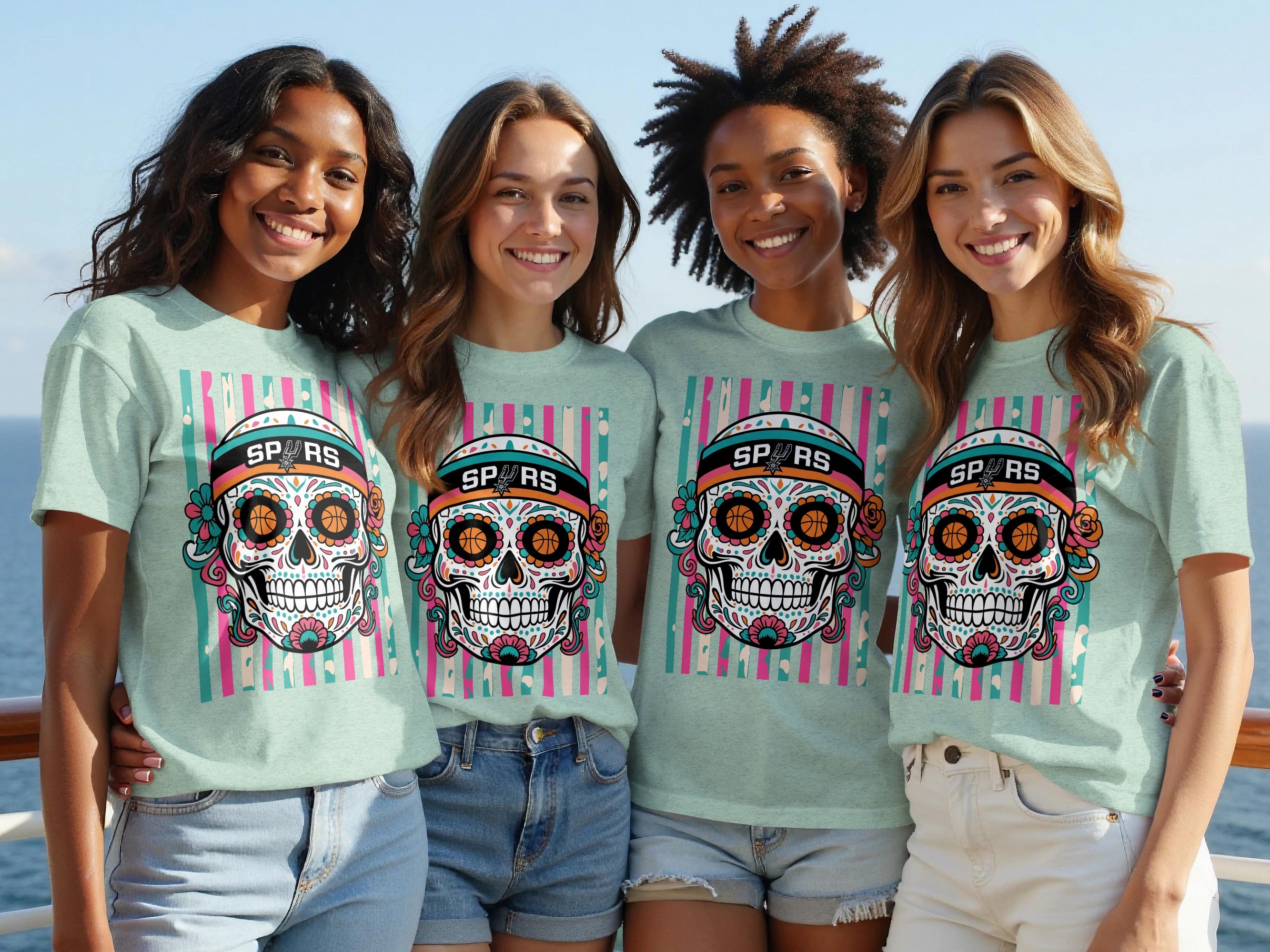 Four women in mint green t-shirts with a colorful skull graphic and "Spurs" text.