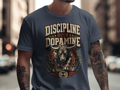 T-shirt with "DISCIPLINE OVER DOPAMINE" text and charging bull graphic.