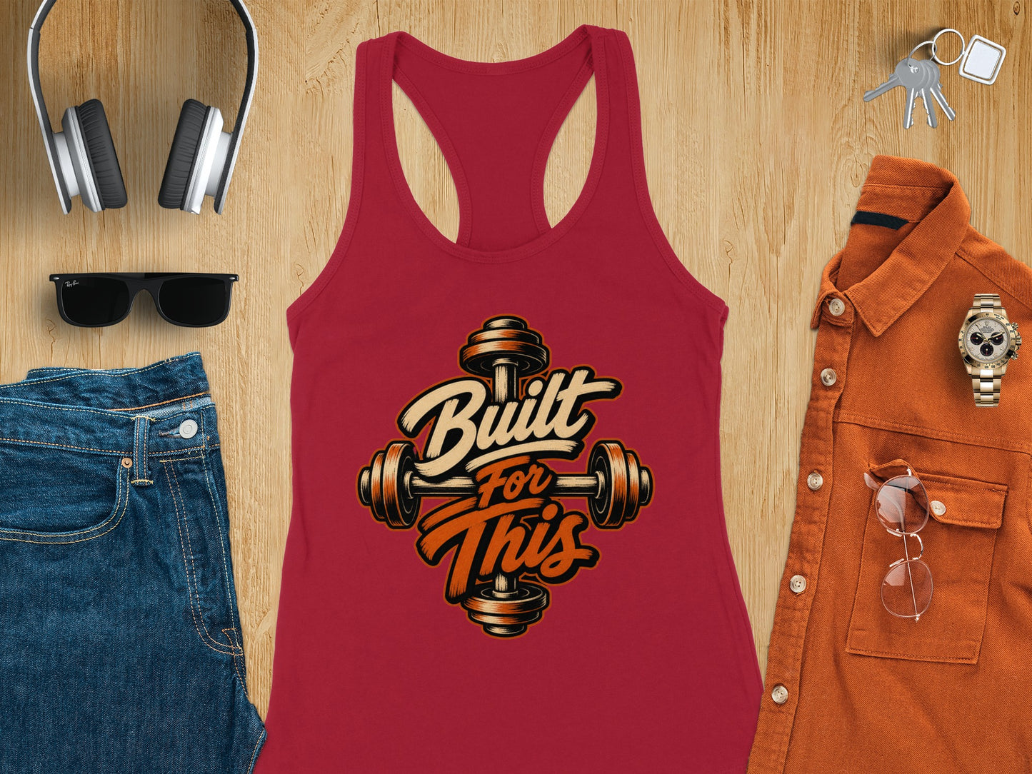 Red tank top with "Built for This" text and barbell graphic.