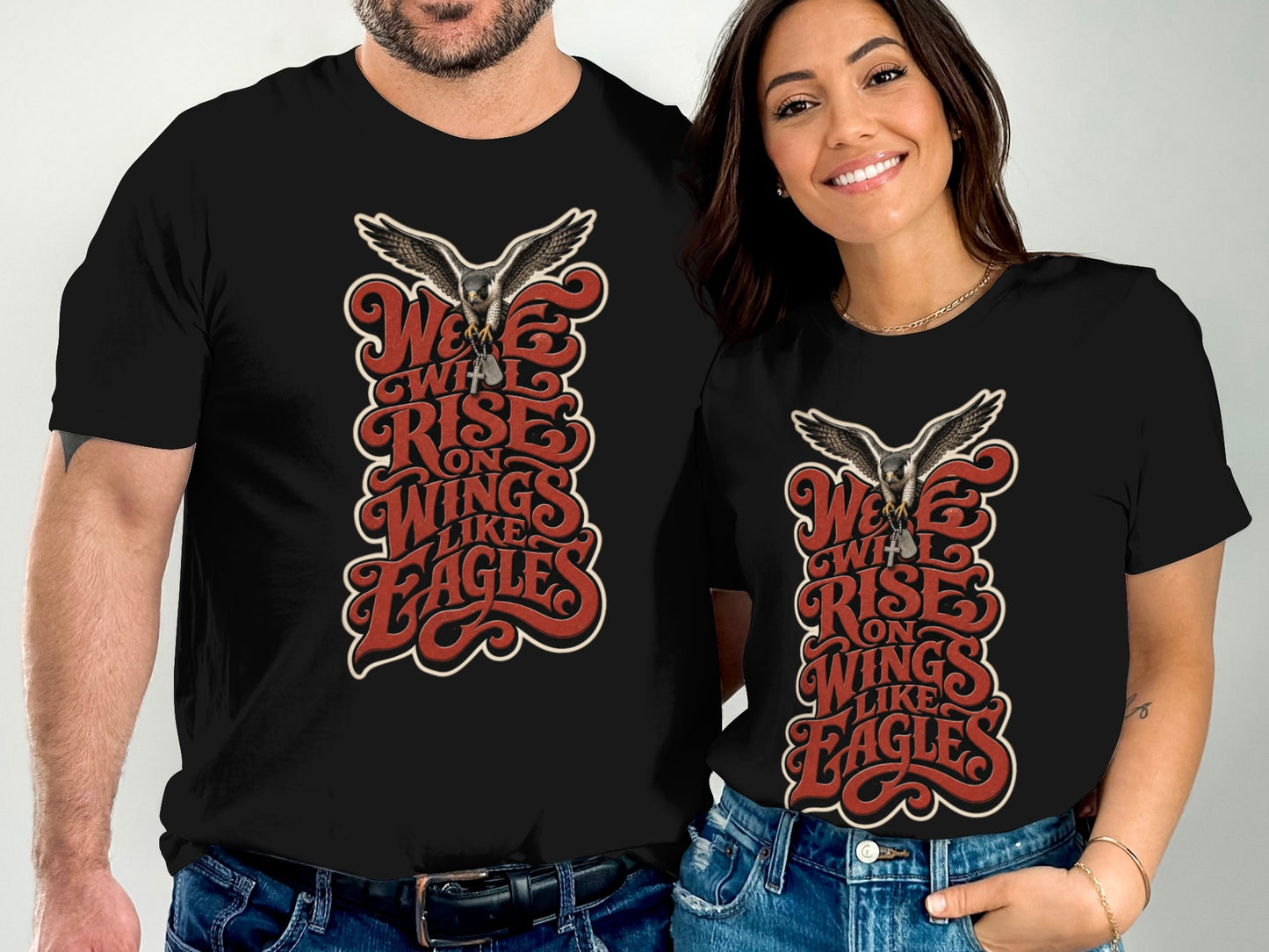 T-shirts featuring a hawk graphic and "We Will Rise On Wings Like Eagles" text.
