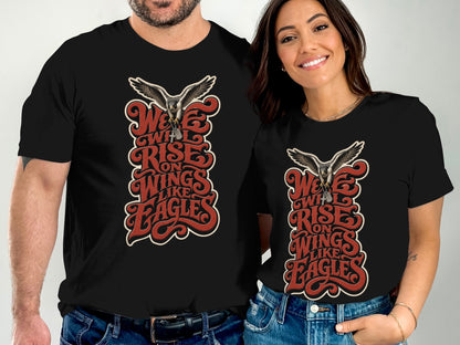T-shirts featuring a hawk graphic and "We Will Rise On Wings Like Eagles" text.