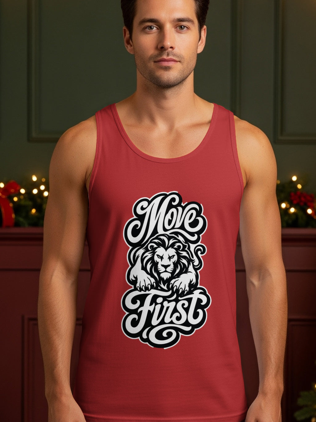 Red tank top with "Move First" text and lion graphic.