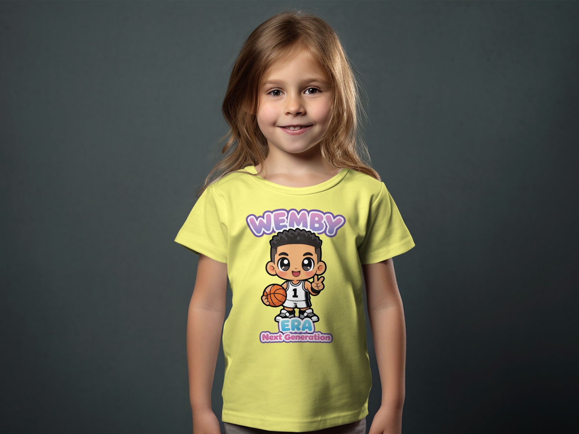 Young girl in yellow t-shirt with "Wemby ERA Next Generation" graphic.