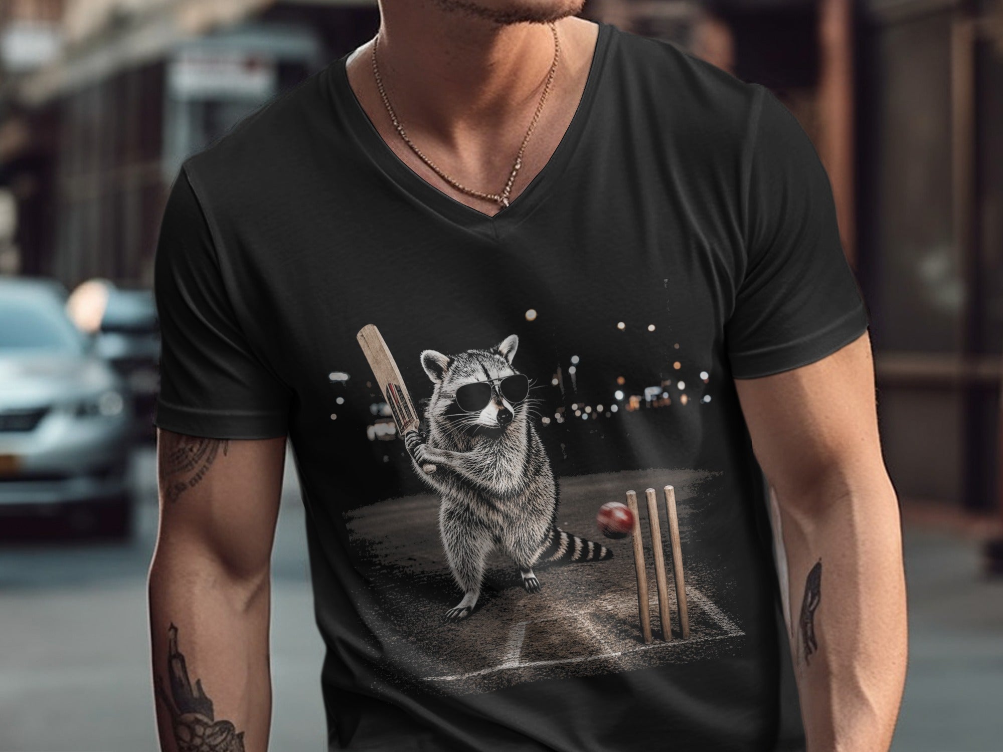 Black t-shirt with a graphic of a raccoon playing cricket at night.