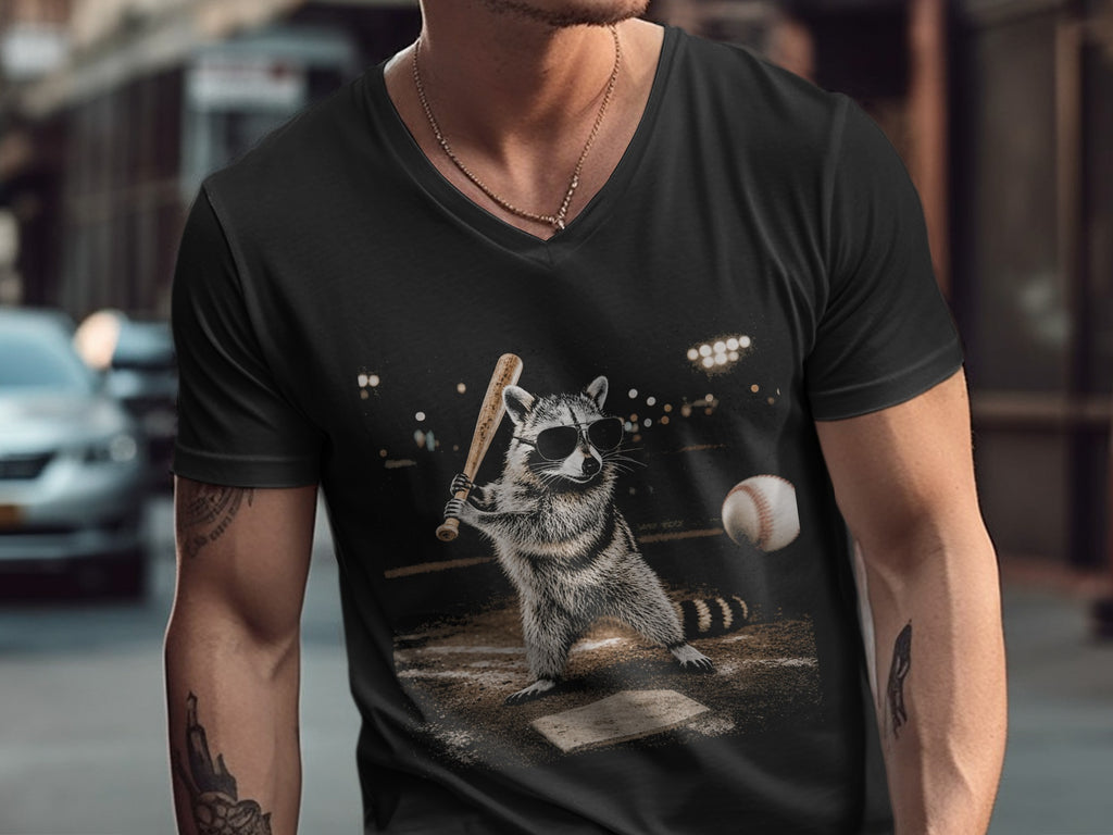 Raccoon wearing sunglasses batting a baseball on a dirt field with stadium lights.