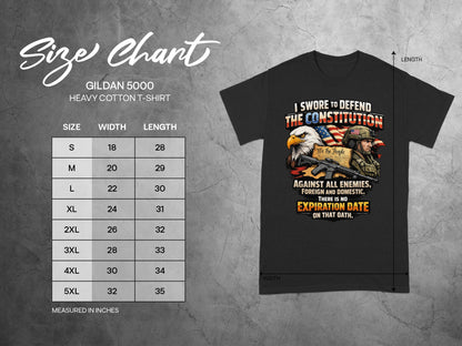 Gildan 5000 heavy cotton t-shirt size chart with measurements in inches.