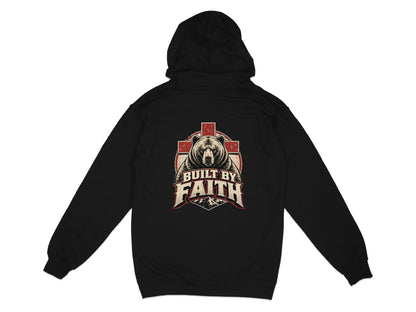 Black hoodie with bear and cross graphic reading "Built by Faith".
