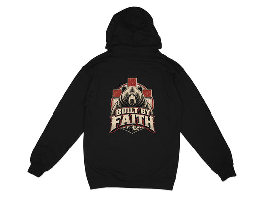 Black hoodie with bear and cross graphic reading "Built by Faith".