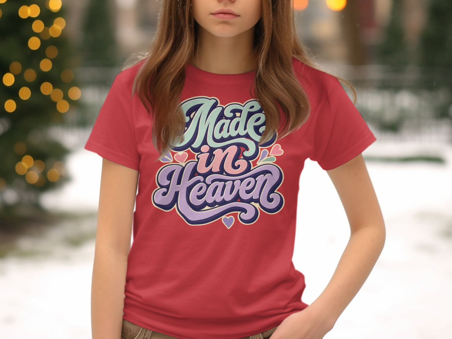 Red t-shirt with "Made in Heaven" text and heart designs.