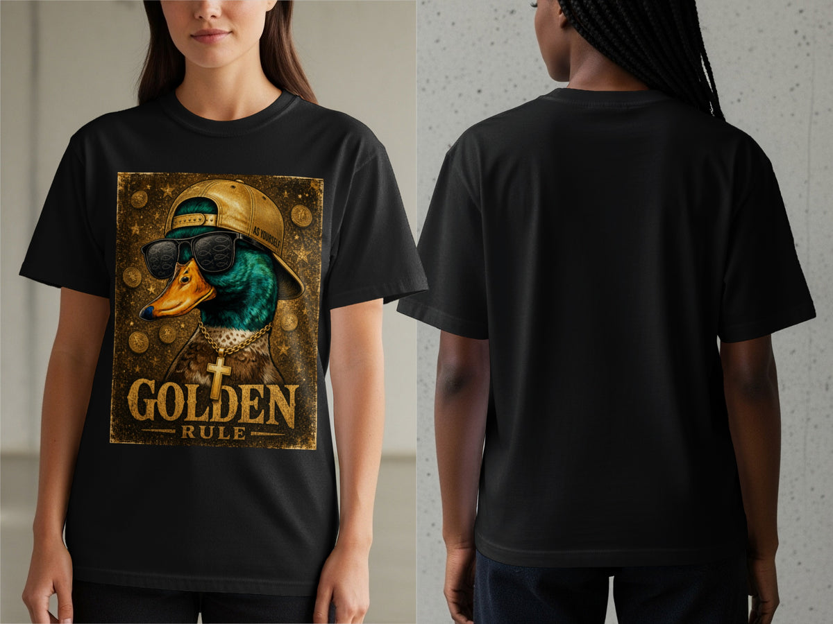 Black t-shirt with graphic of a duck wearing sunglasses, gold chain, and cap with text "GOLDEN RULE".