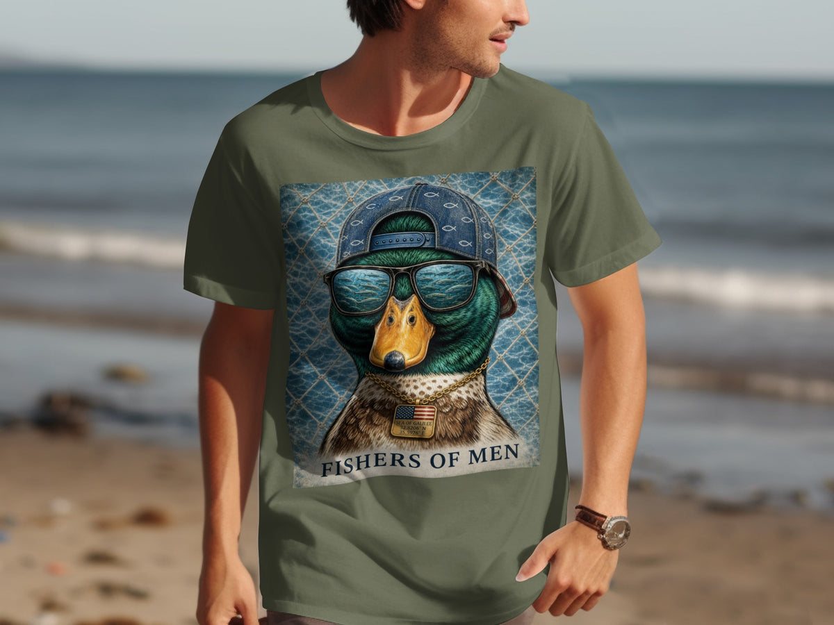 Green t-shirt with a graphic of a duck wearing a hat, sunglasses, and necklace.