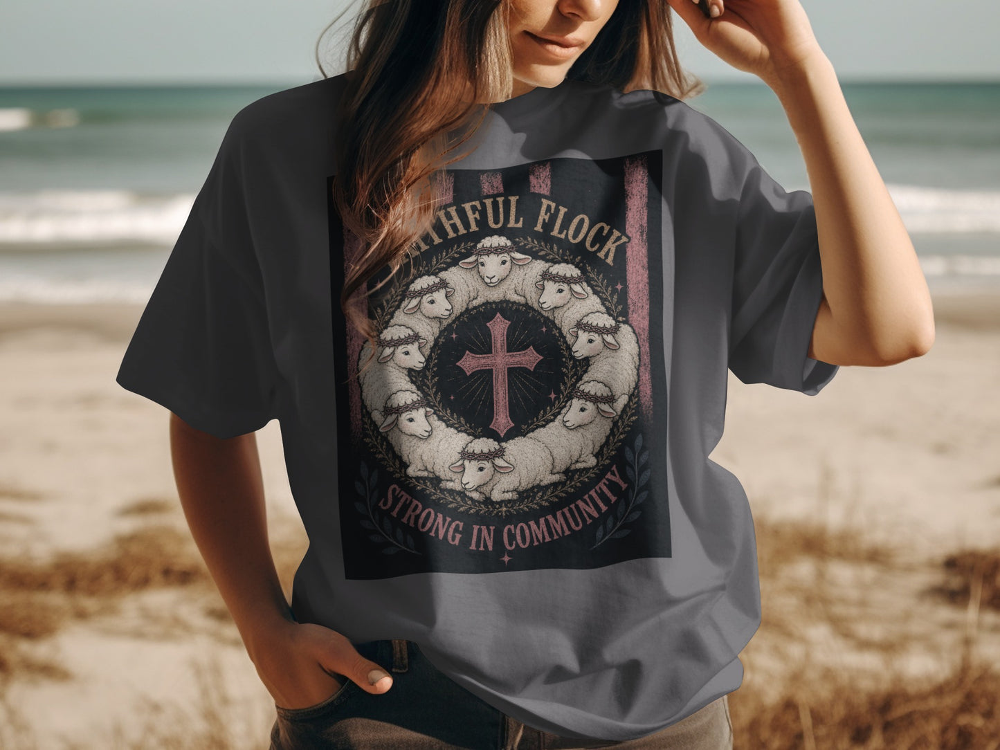 Faithful Flock: Strong in Community graphic with sheep encircling a cross.