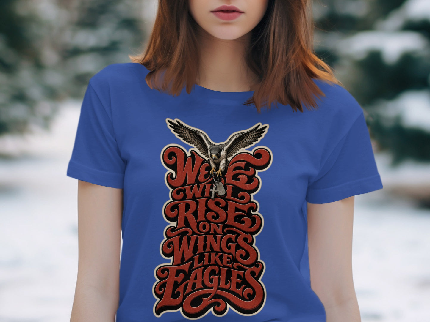 T-shirt with "We Will Rise On Wings Like Eagles" text and a falcon graphic.