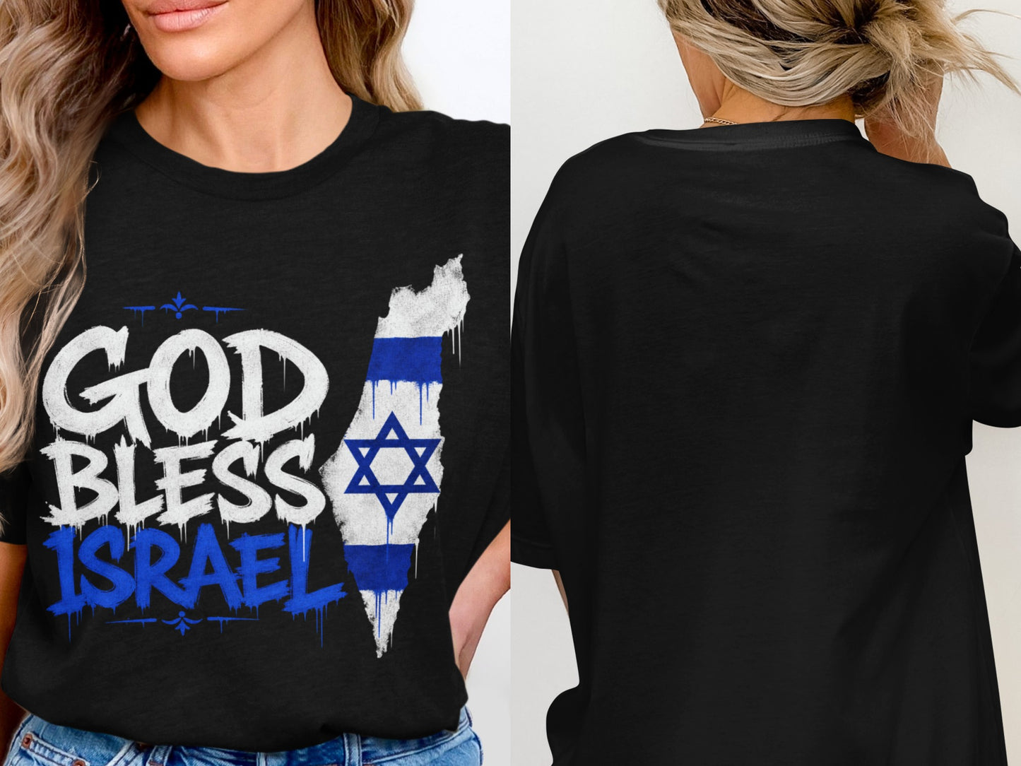 Black t-shirt with "GOD BLESS ISRAEL" and Star of David on front.