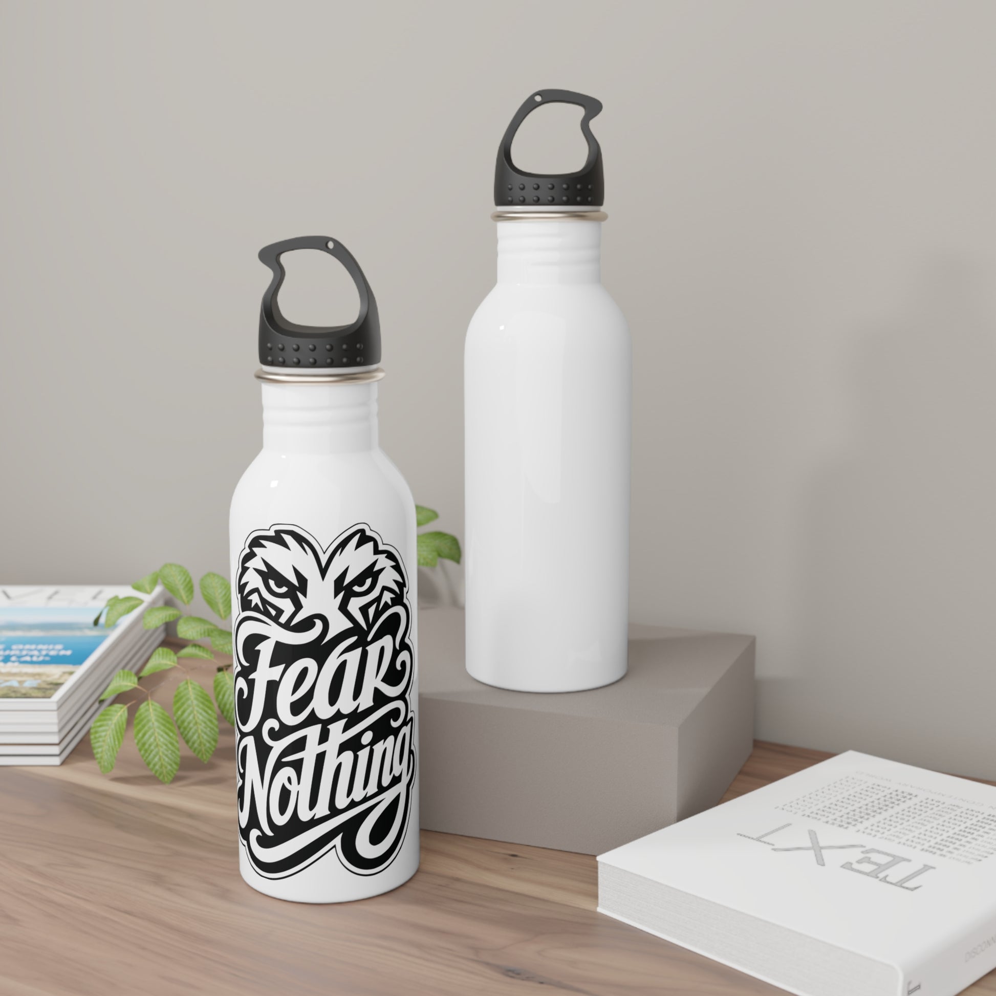 White water bottle with "Fear Nothing" text and eagle graphic.
