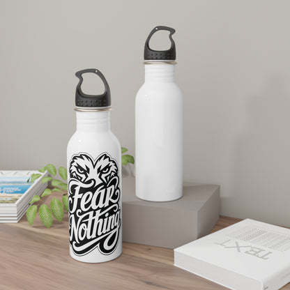 White water bottle with "Fear Nothing" text and eagle graphic.