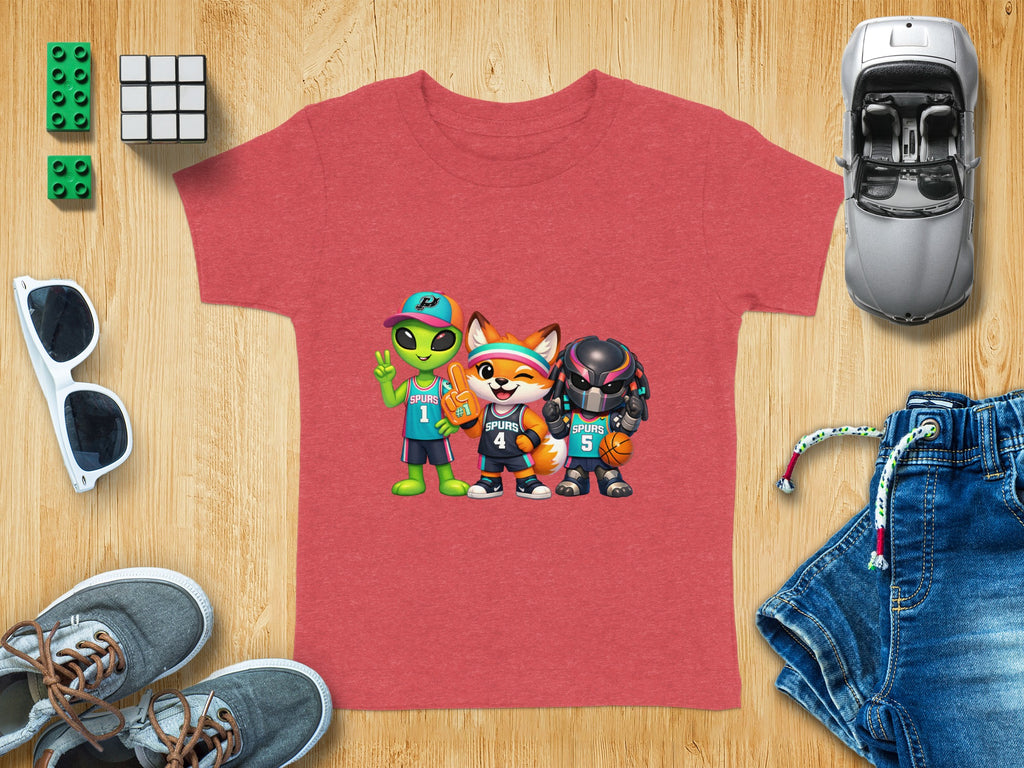 Red t-shirt with cartoon alien, fox, and robot characters in basketball uniforms.