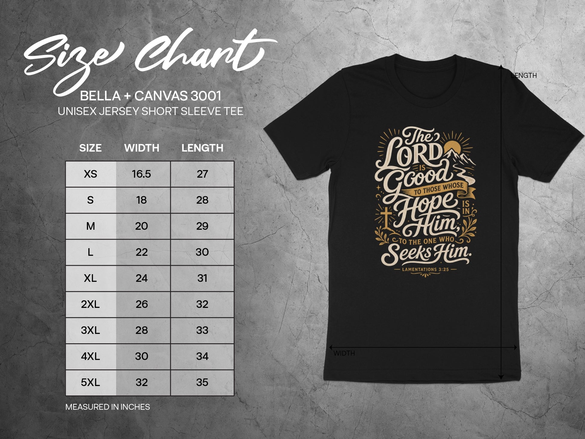 Bella + Canvas 3001 unisex tee size chart with width and length measurements in inches.
