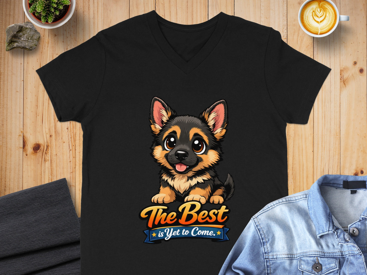 Black v-neck t-shirt with a German Shepherd puppy graphic and the text "The Best is Yet to Come."