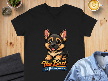 Black v-neck t-shirt with a German Shepherd puppy graphic and the text "The Best is Yet to Come."