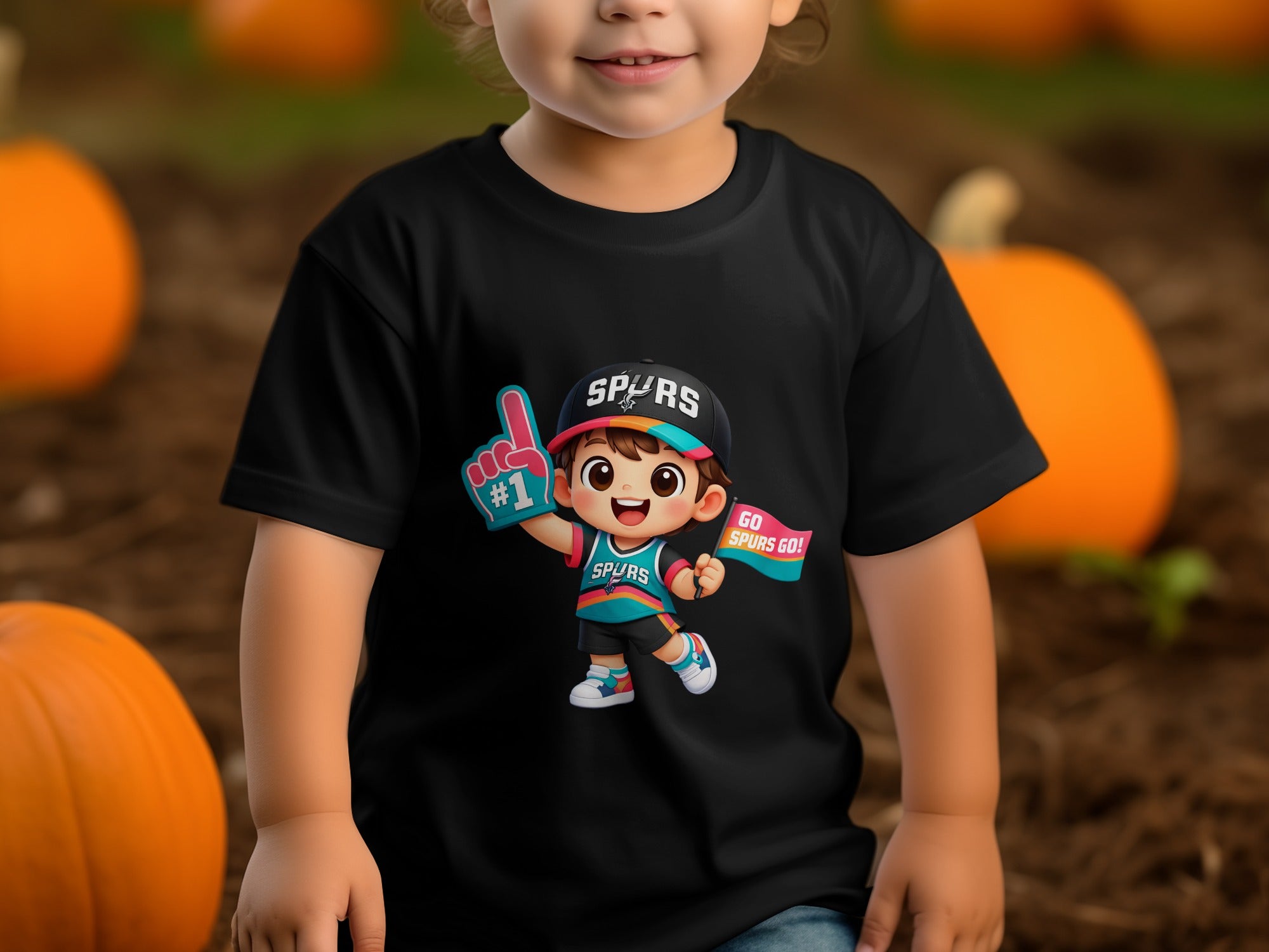 Child wearing a black t-shirt with a cartoon Spurs fan graphic.