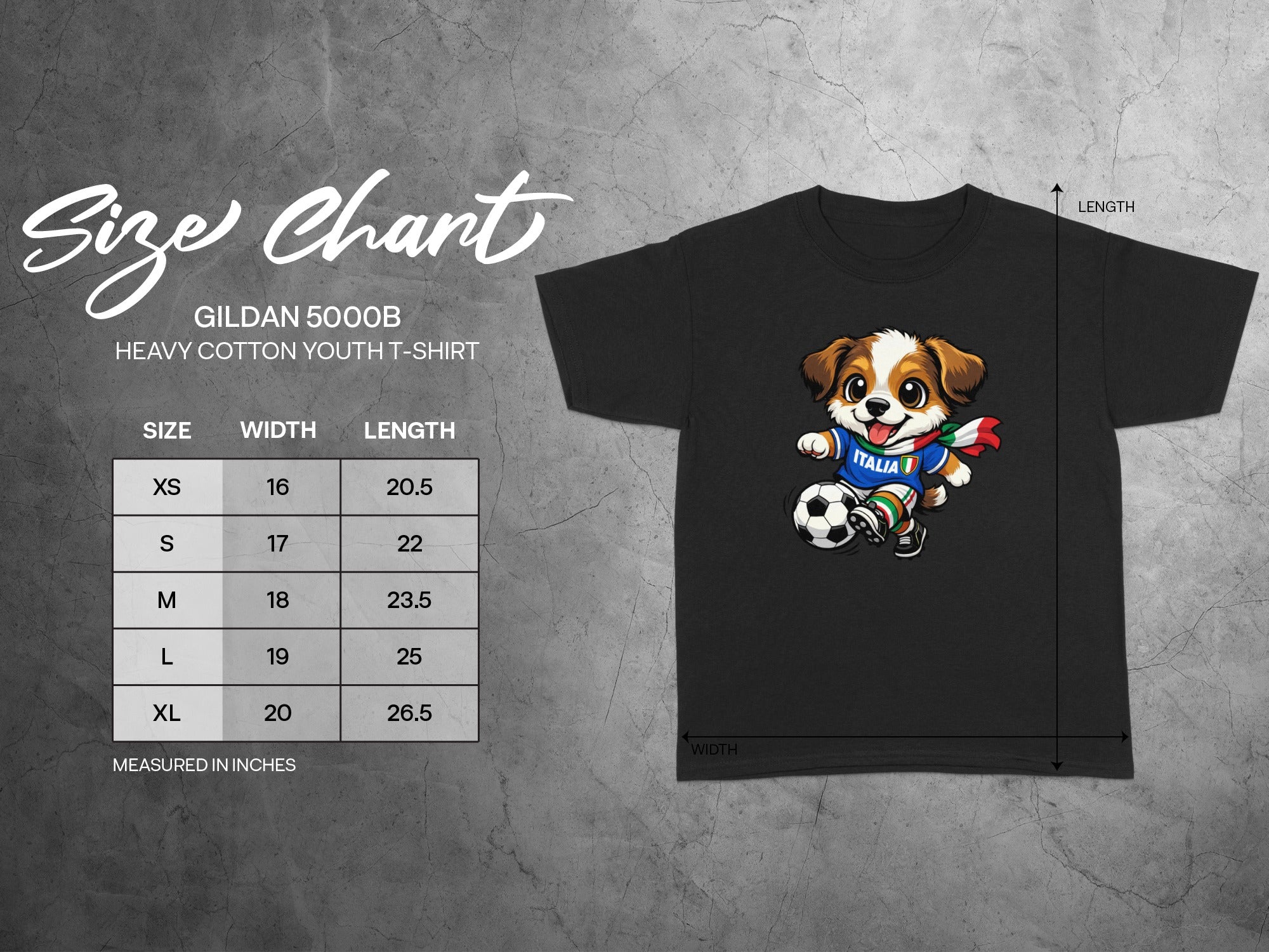 Size chart for Gildan 5000B youth t-shirt with measurements in inches.