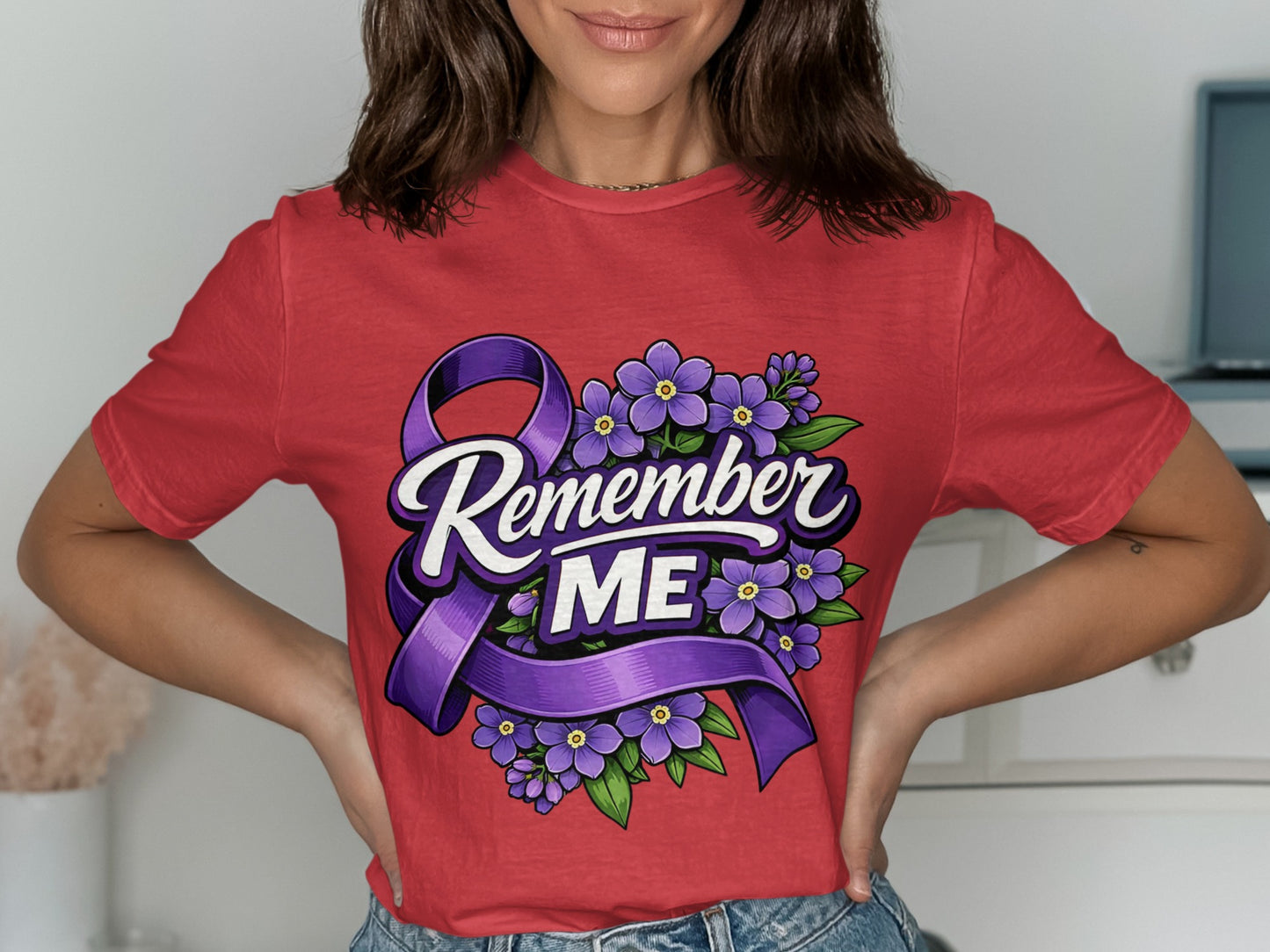 Red t-shirt with "Remember ME" text, purple ribbon, and purple flowers graphic.