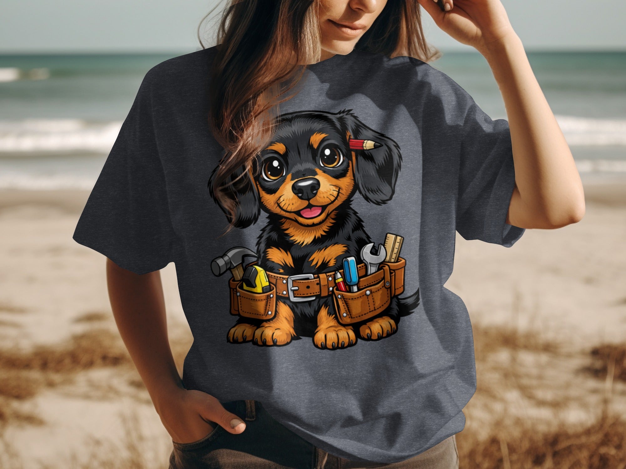 Illustration of a cartoon dog wearing a tool belt, with a pencil behind its ear.