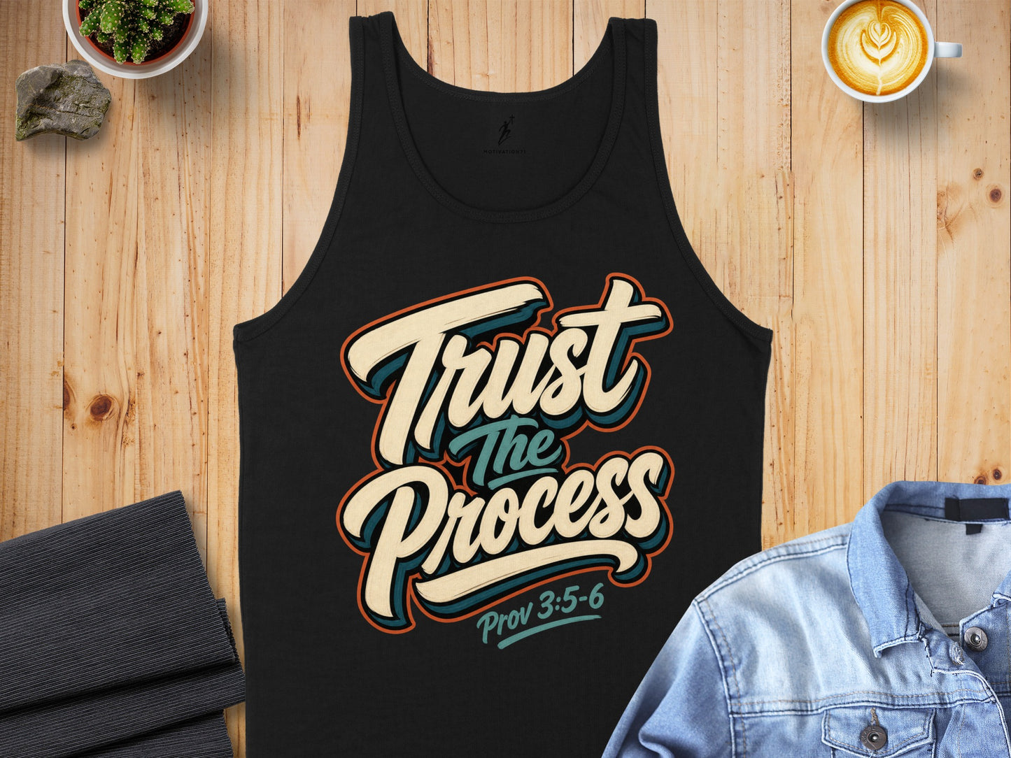 Black tank top with "Trust The Process" and "Prov 3:5-6" text.