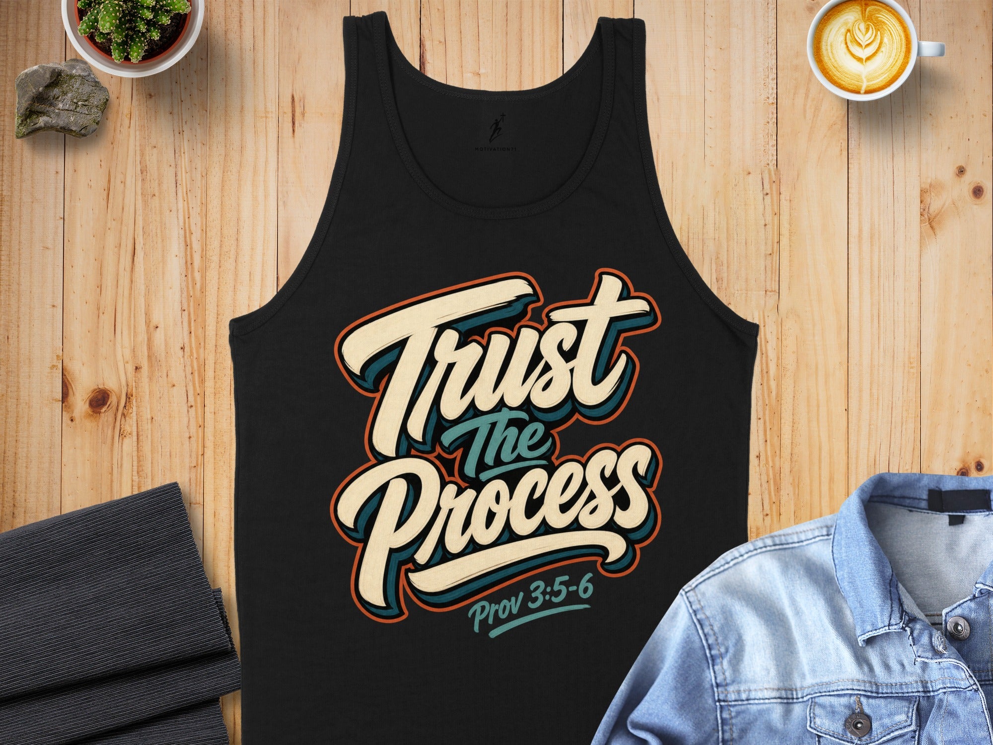 Black tank top with "Trust The Process" and "Prov 3:5-6" text.