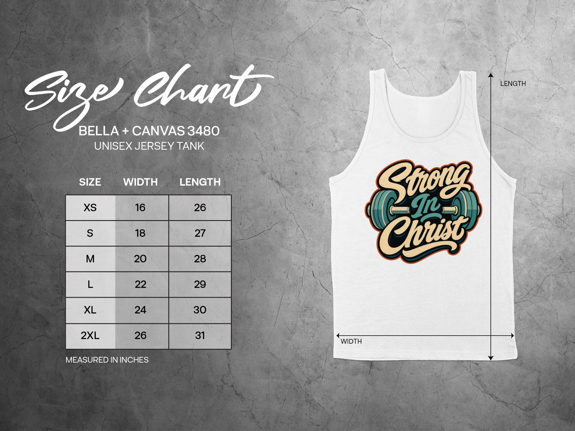 Bella + Canvas 3480 unisex tank size chart with measurements for width and length.