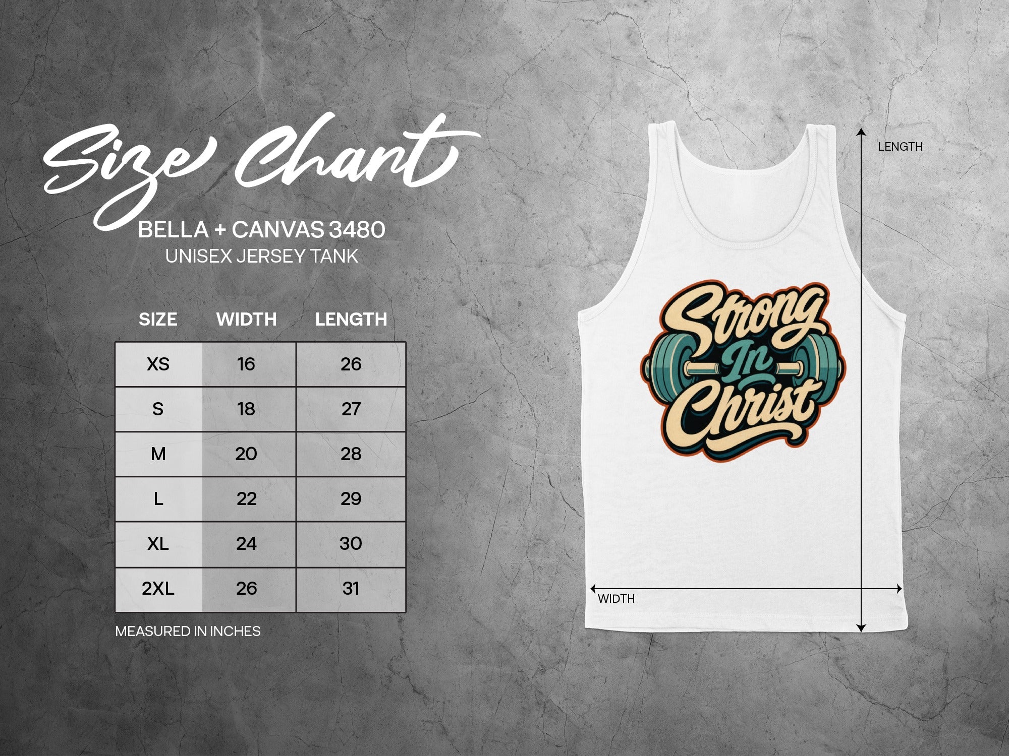 Bella + Canvas 3480 unisex tank size chart with measurements for width and length.