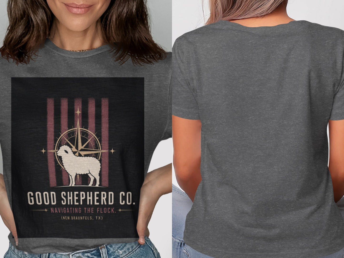 Dark gray t-shirt with sheep, compass, and Good Shepherd Co. text.